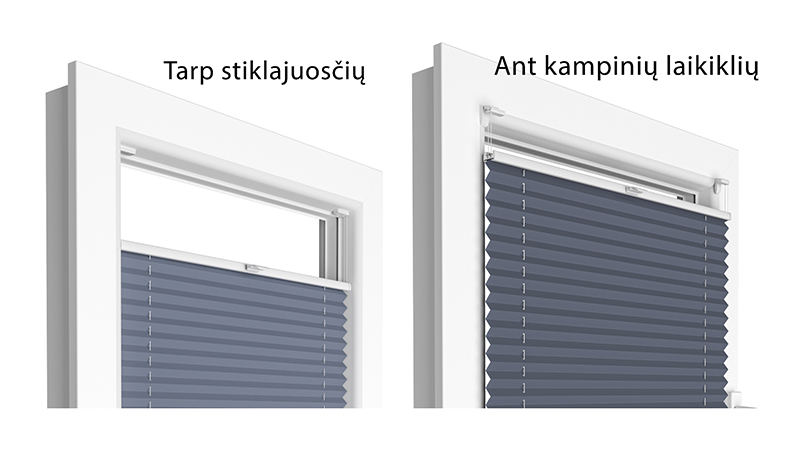 Plisuotos žaliuzės montuojamos tarp stiklajuosčių ir kai stiklajuostės gylis mažesnis nei 14 mm., - ant kampinių laikiklių